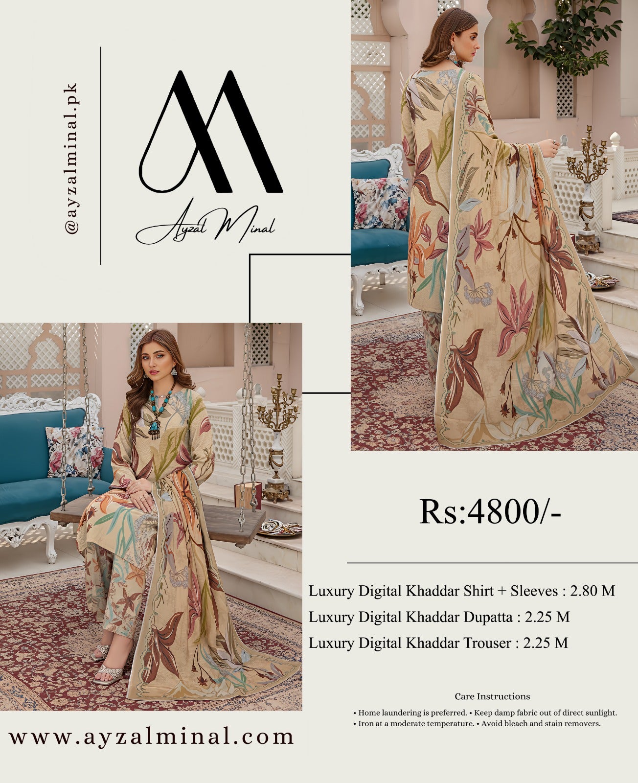 ORIGINAL BRAND AYMEN MIRAL KHADDAR 3 PIECE DIGITAL PRINT ( 8 Suits)