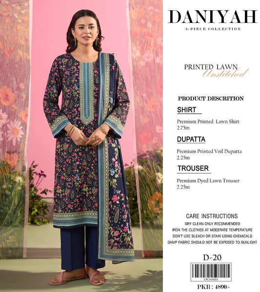 Original Brand Daniyah 3 Pc Lawn (21 Suits )