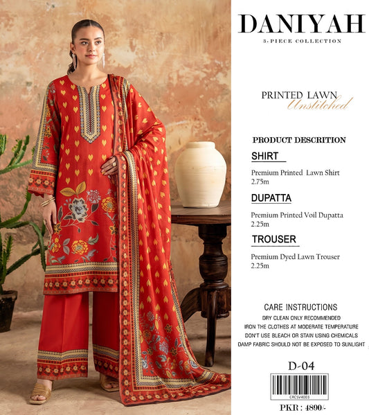 Original Brand Daniyah 3 Pc Lawn (6 Suits )