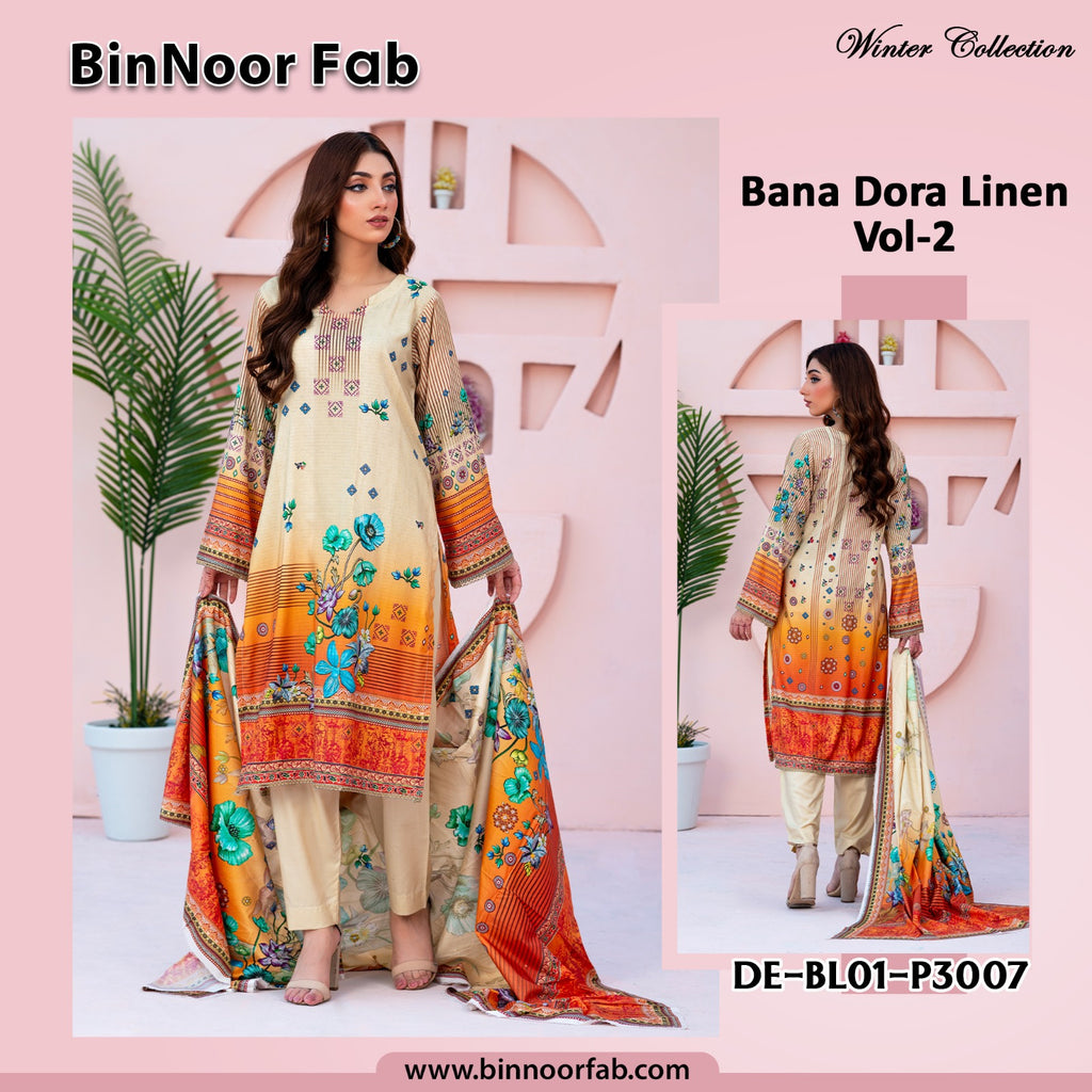 Bin Noor 3 Pc Linen Bana Dora Digital Print 5 Suits B