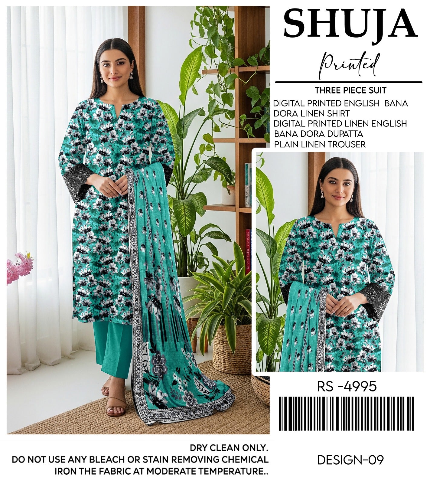 SHUJA DIGITAL PRINTED ENGLISH BANA  DORA LINEN (10 SUITS)