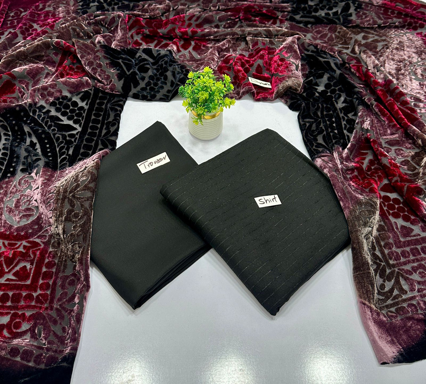 Valvet Strips Chamki With 3D Palachi Shawl (4 Suits)A