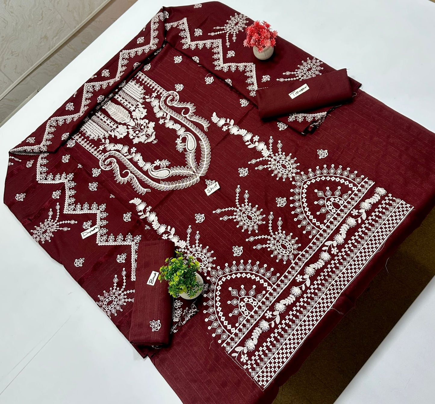 Chamkhi Peach Wool White Embroidery  (7 Suits)