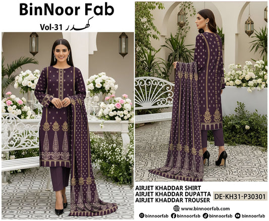 Original Brand Bin Noor Vol 31. 3PC Khaddar (5 Suits)A