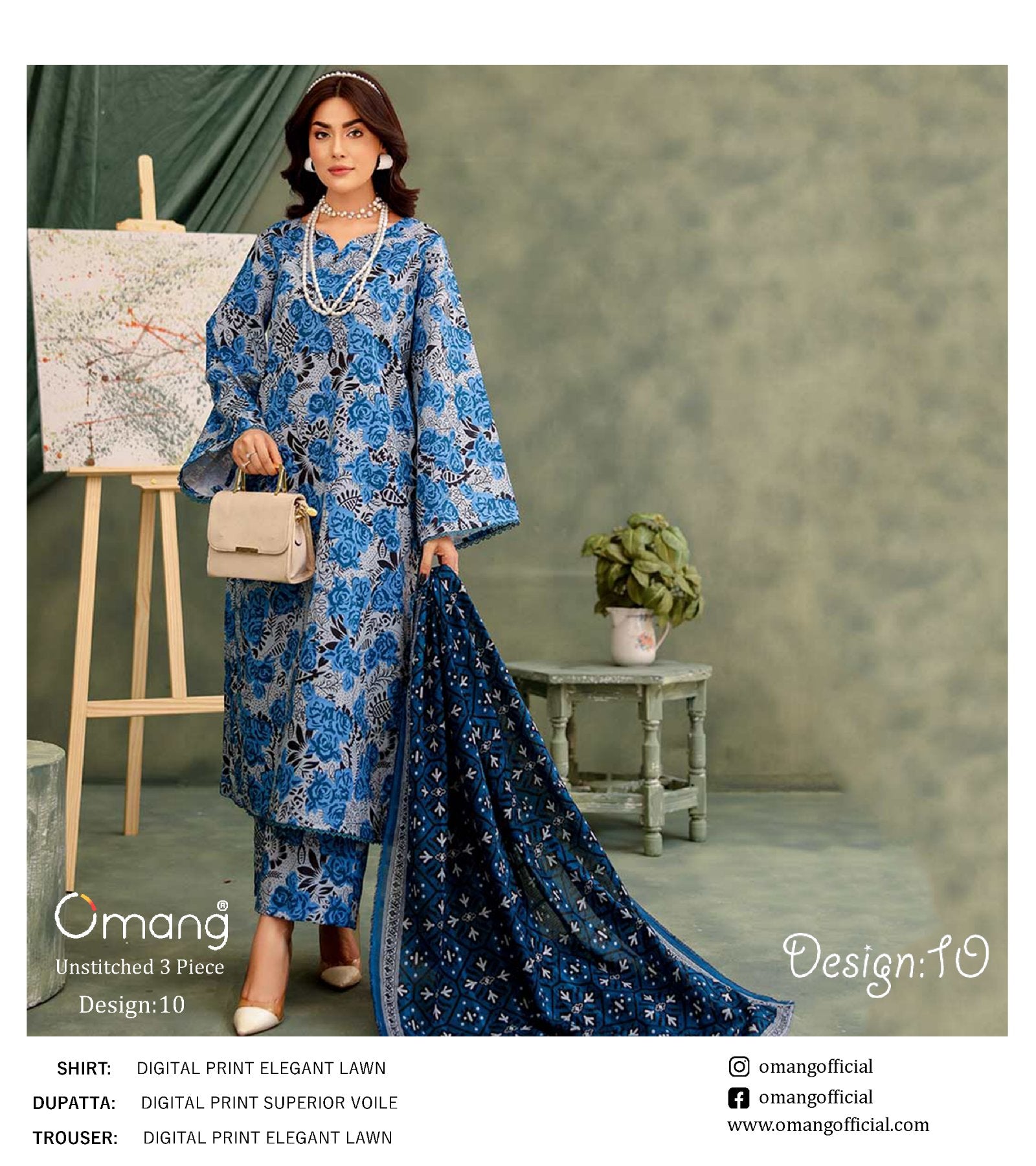 OMANG DIGITAL PRINT 3PC LAWN 10 SUITS B